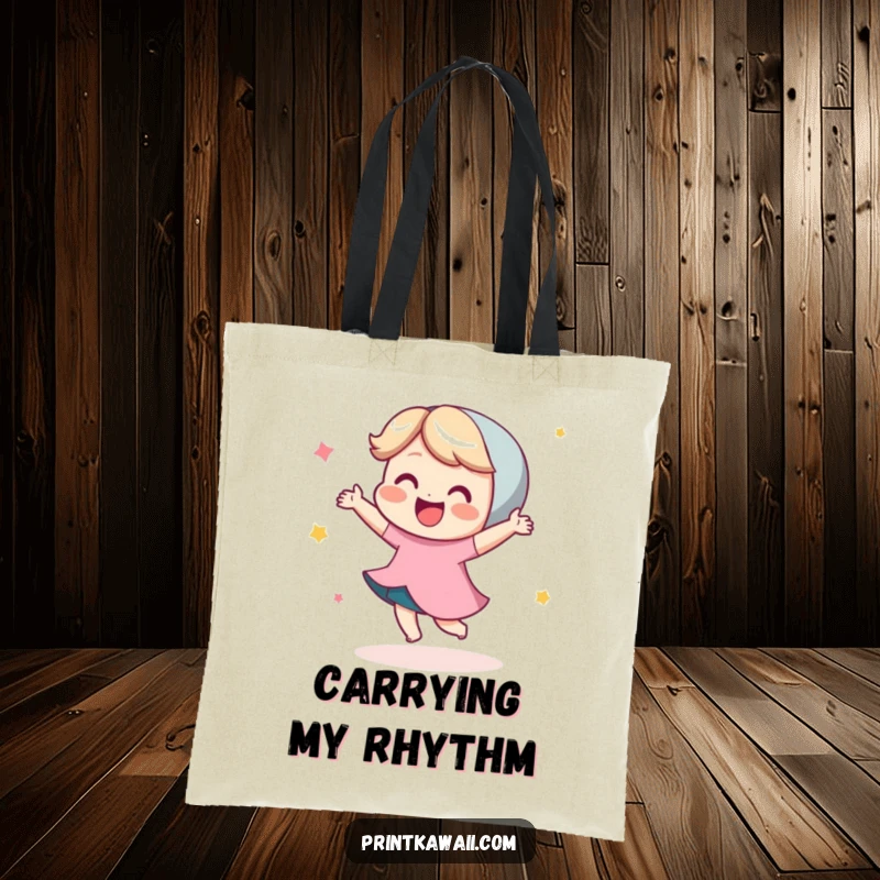 Funny tote bag illustrating a cute character performing a glee-filled happy little dance, perfect for carrying essentials with vibrant energy.