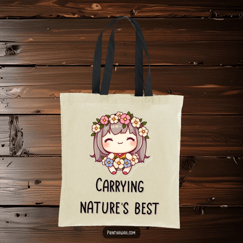 Funny tote bag with a cute kawaii character wearing a flower garland and smiling sweetly, perfect for daily use.