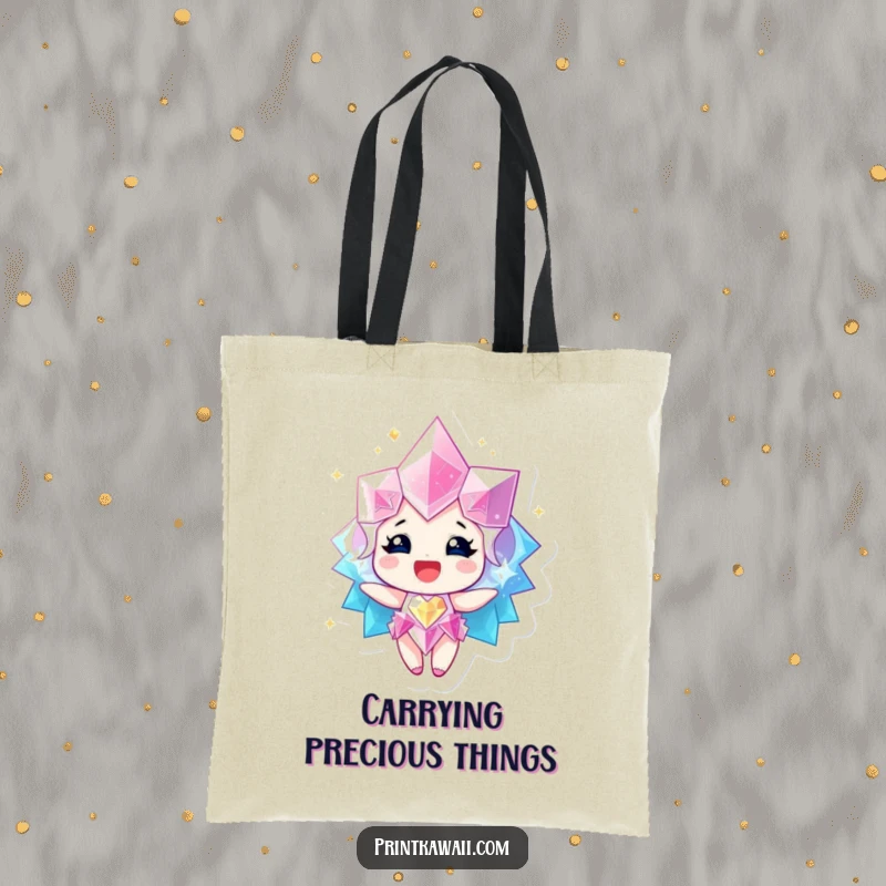 Funny Tote Bag showcasing a sparkling gem character radiating happiness, perfect for carrying items with luminous, positive energy.