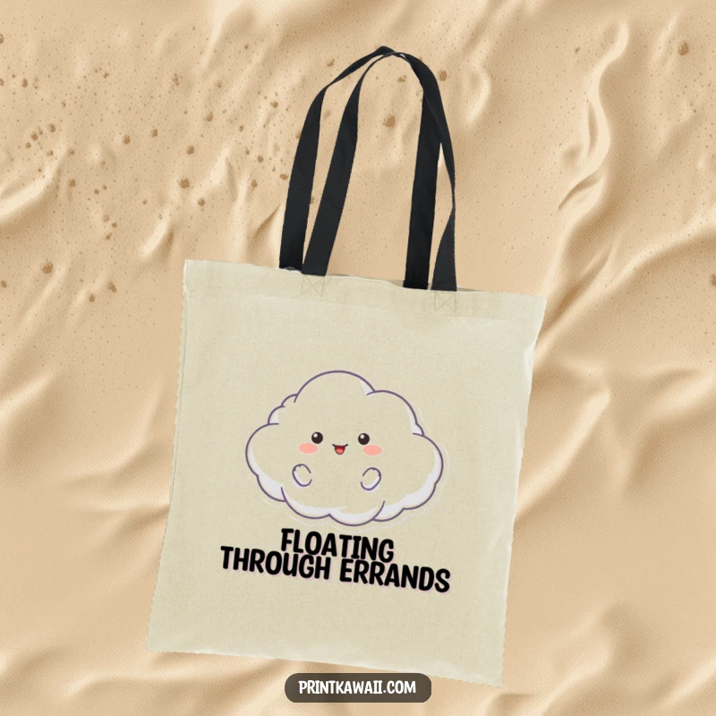 Funny tote bag adorned with a fluffy cloud character floating playfully, perfect for everyday use with a touch of magic.