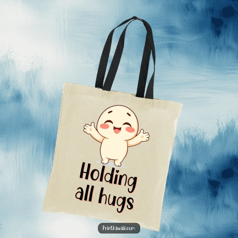 Funny tote bag featuring a smiling character with open arms offering an embrace, perfect for carrying daily necessities.