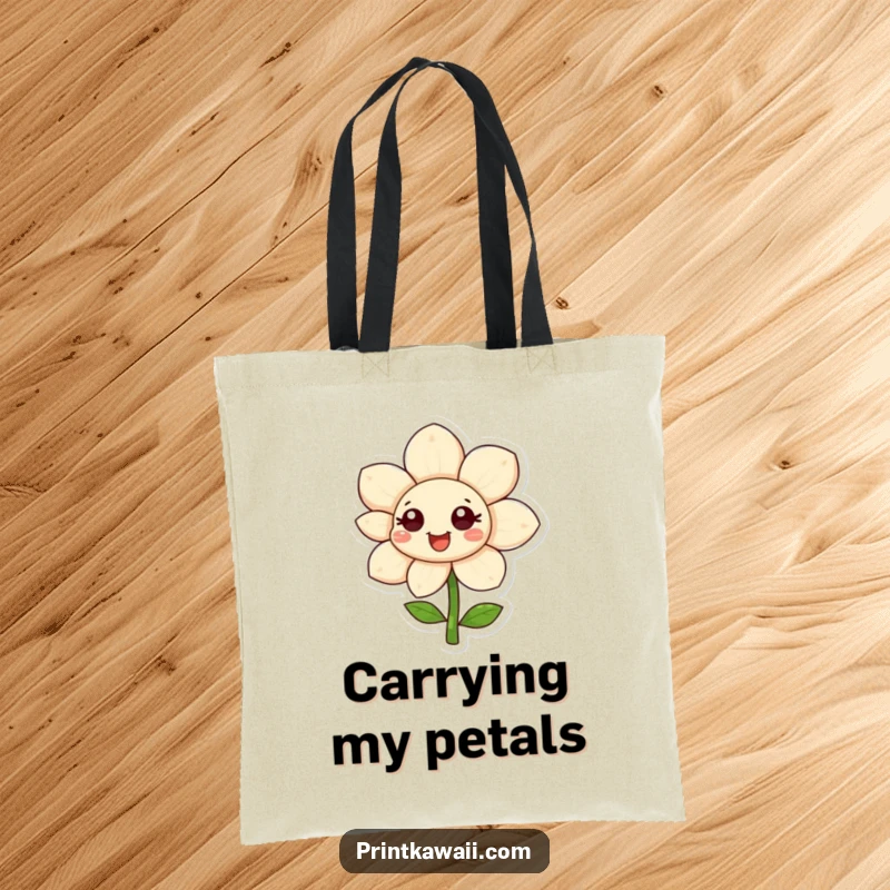 Funny happy flower character on a tote bag, petals unfurling, a cheerful and vibrant accessory for everyday use, funny gift.
