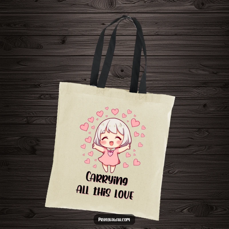 Funny Tote Bag: A character happily releasing a stream of small, fluttering hearts, symbolizing love.