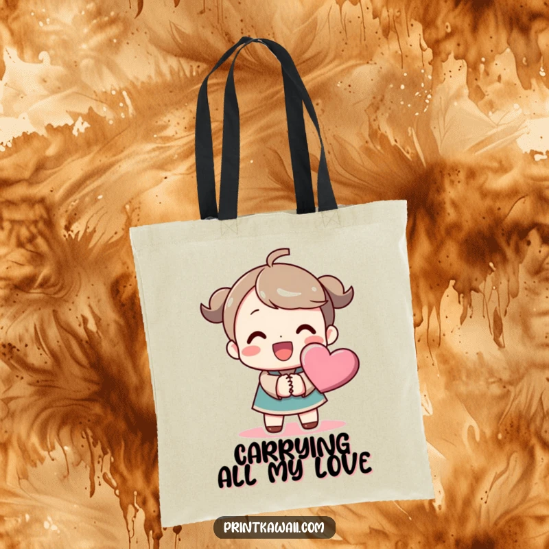 Funny tote bag with a beaming character holding hands with a stylized heart symbol, perfect for carrying essentials and spreading joy.