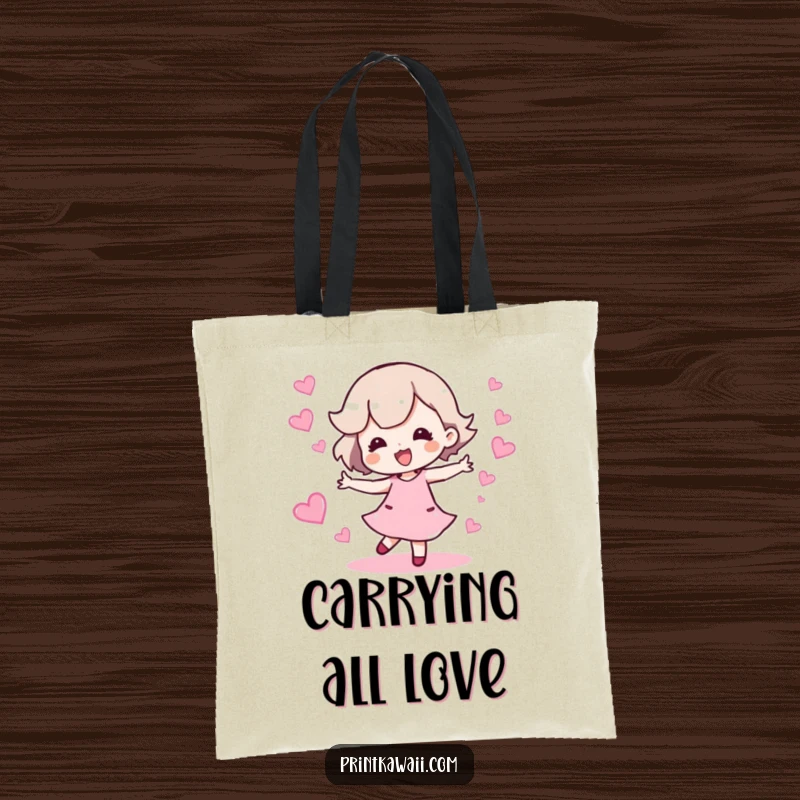 Funny tote bag with a character dancing happily leaving a trail of sparkling hearts, ideal for carrying joy.