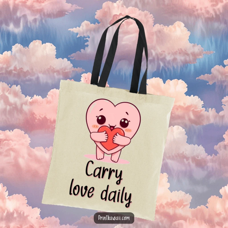 Funny tote bag with a heart character offering a big hug, perfect for carrying everyday items and love, a funny gift.