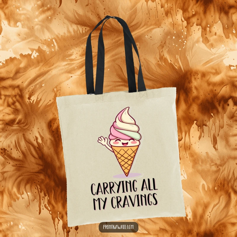 Funny tote bag featuring a giggling ice cream cone character waving, perfect for carrying daily items with a sweet and cheerful attitude.