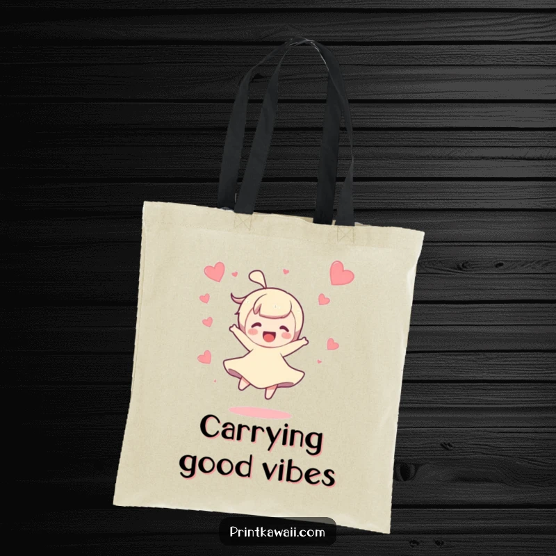 Funny tote bag featuring a character doing a joyful spin with hearts floating around, ideal for carrying items with flair.