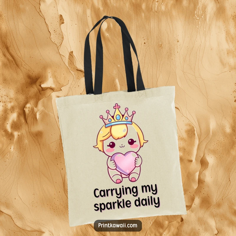 Funny Kawaii Crown Heart Tote Bag: Cute character with a crown, holding a sparkly heart, perfect for carrying everyday.