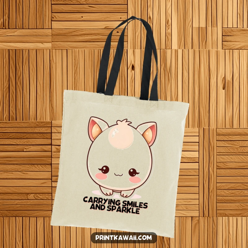 Funny tote bag featuring a cute kawaii character with blushing cheeks and twinkling eyes, perfect for everyday use.