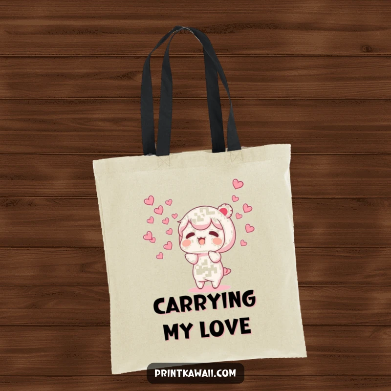 Funny tote bag with a character releasing a shower of small, fluttering hearts, perfect for carrying essentials with love.