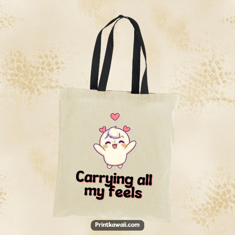 Funny tote bag depicting a cute character joyfully floating upwards, a heart positioned above its head, symbolizing love and a light spirit.