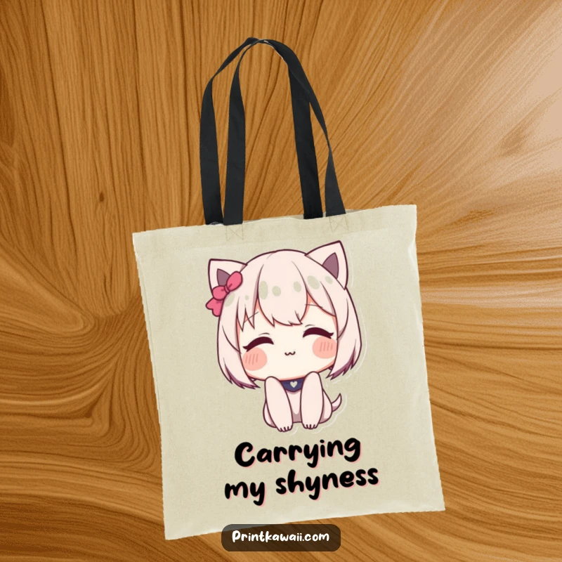 Funny Tote Bag with a cute character blushing deeply and giving a sweet, shy smile.