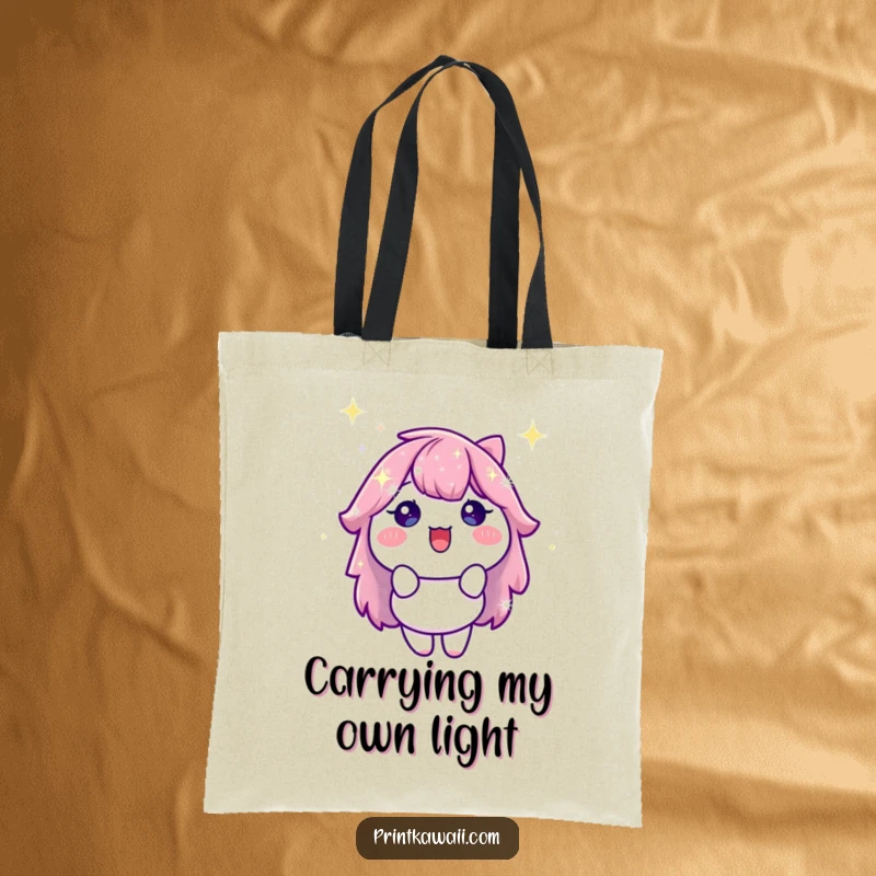 Funny Tote Bag featuring a delighted, stylized sparkle character that gleams with happiness, ideal for carrying essentials with a touch of sparkle.