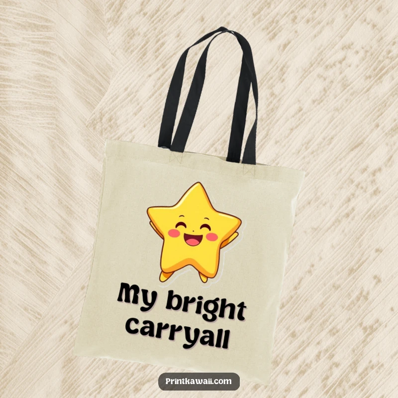 Funny tote bag with a smiling star character in a dynamic jumping pose, perfect for carrying items with joy.