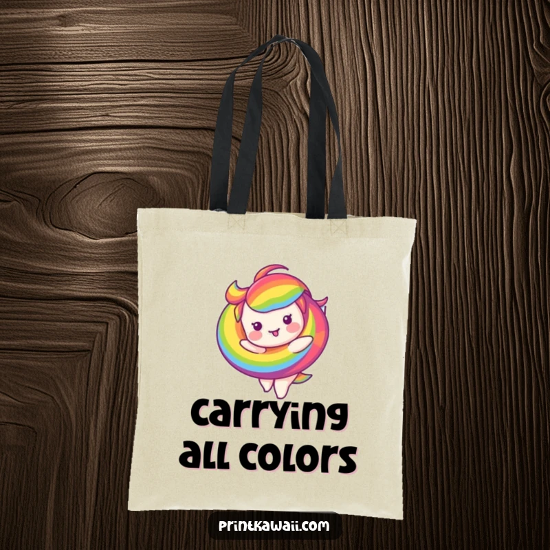 Funny tote bag showcasing a happy rainbow swirl character in a dynamic twirling pose, perfect for daily humor.