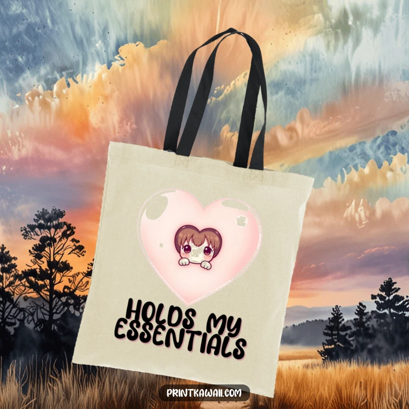 Funny tote bag with a shy character peeking from behind a large, shimmering heart, perfect for carrying items with subtle charm.