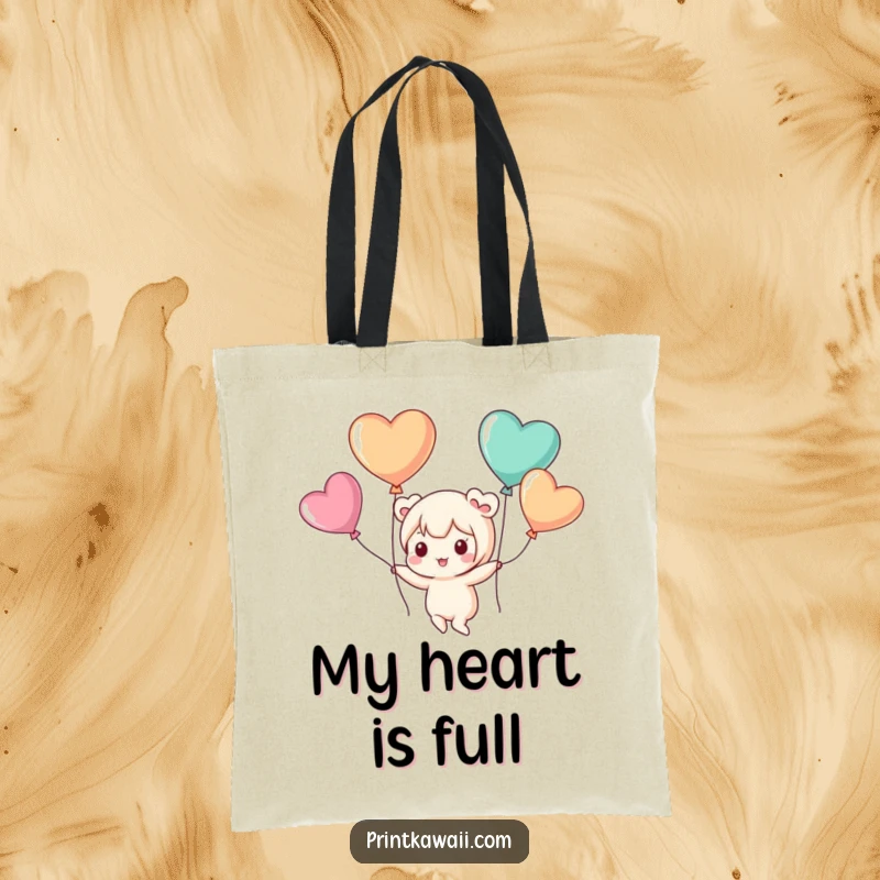Funny tote bag with a cute kawaii character playfully floating with heart-shaped balloons, perfect for carrying joy.