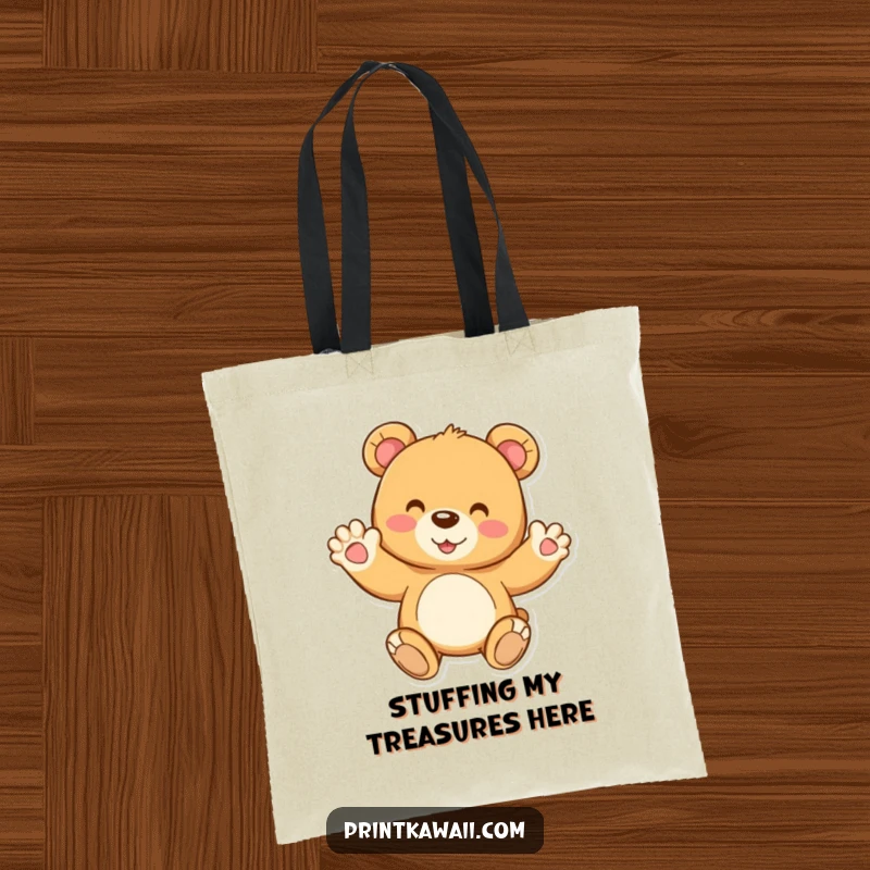 Funny tote bag featuring a joyful teddy bear character waving hello, perfect for carrying daily items with a smile.